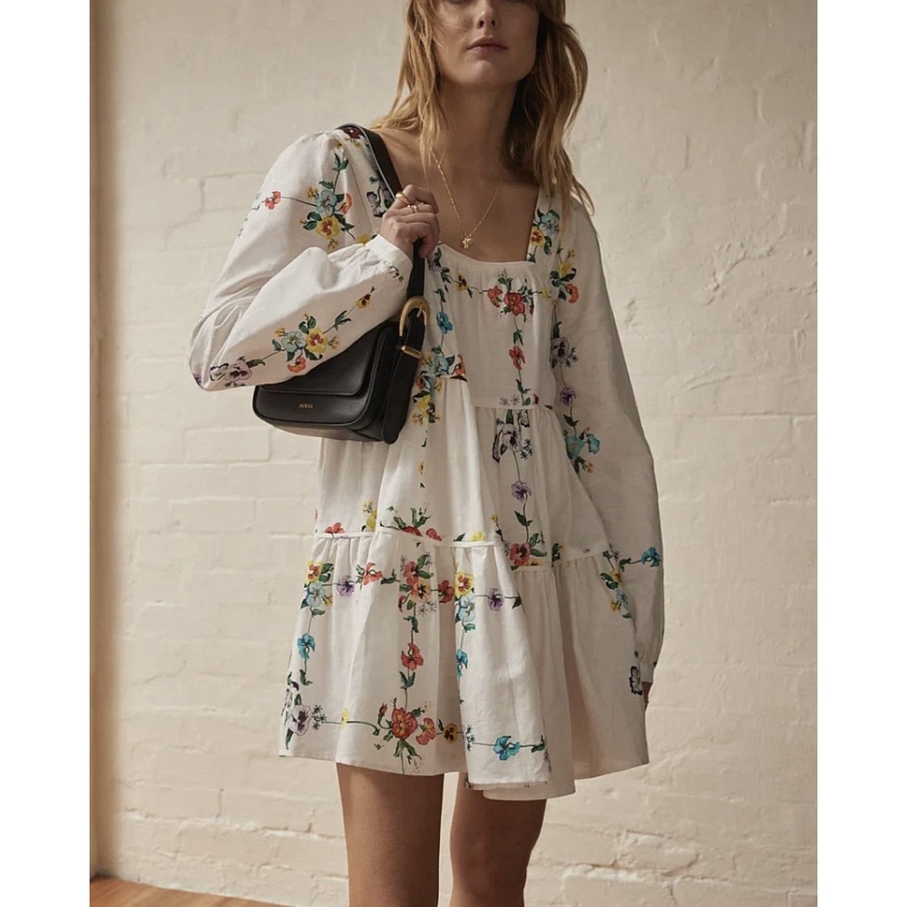 Sancia Sonora Arlette Floral Linen Minidress Elisabet Floral Sz L Peasant Boho